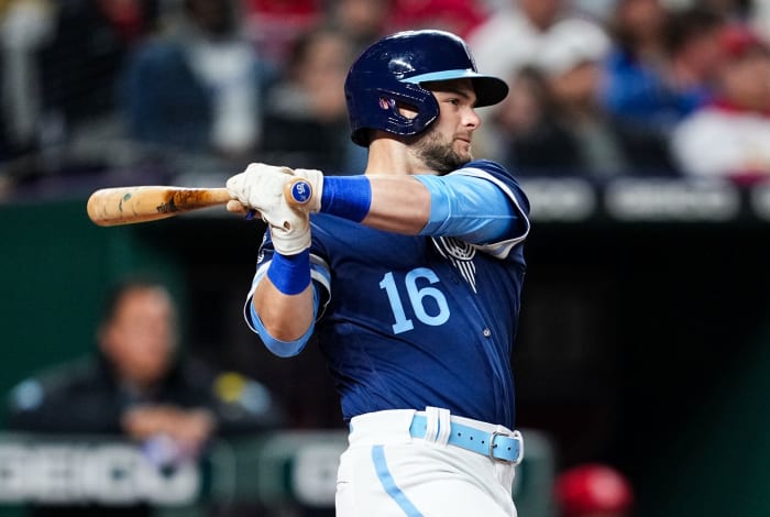 May 3, 2022; Kansas City, Missouri, USA; Kansas City Royals left fielder Andrew Benintendi (16) hits a single against the St. Louis Cardinals during the fifth inning at Kauffman Stadium. Mandatory Credit: Jay Biggerstaff-USA TODAY Sports
